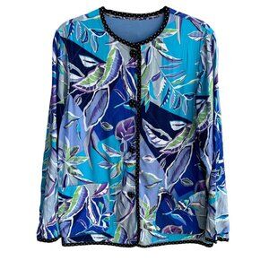 Koos Of Course Vintage Silk Womens Reversible Blue Floral Button Jacket Blazer S